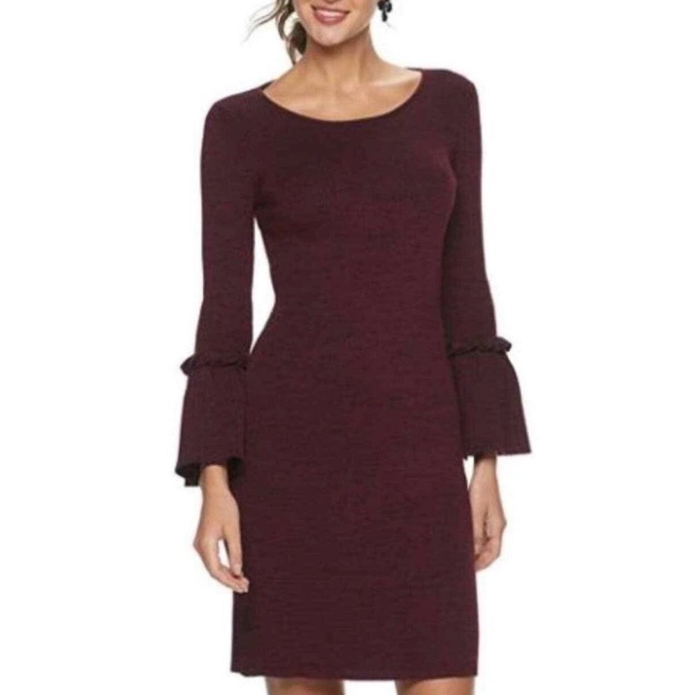 NINA LEONARD RIBBED SWEATER DRESS BELL SLEEVES W/PLEATS BURGUNDY WINE BLACK NEW